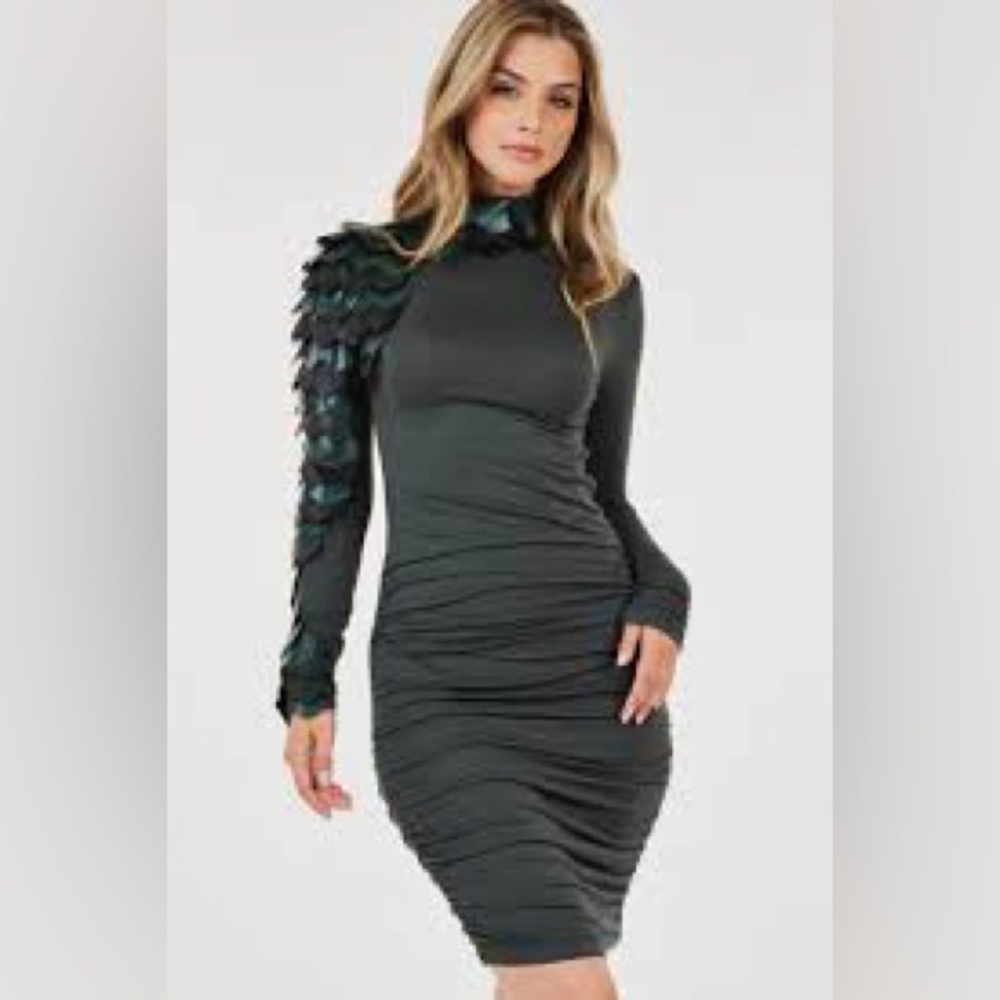 CQ black and deep green asymmetrical mock neck dress